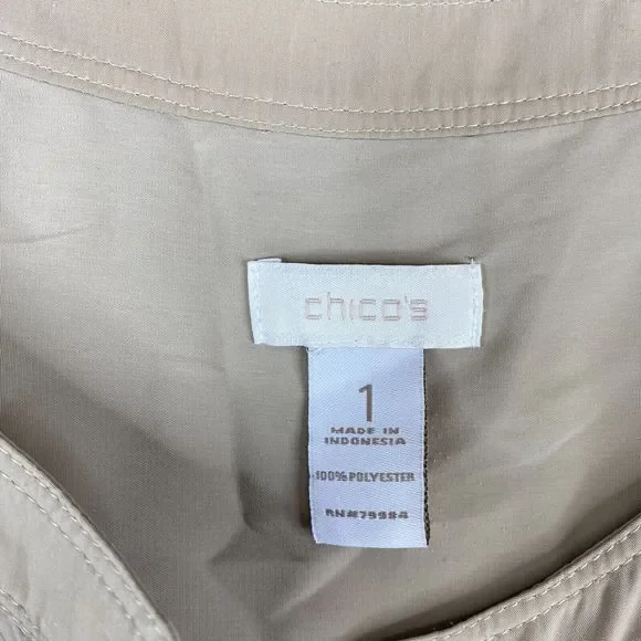Chico's Grommet Top Blouse Women's Size 1 Tan Long Sleeve Polyester Snap Button - Picture 2 of 7